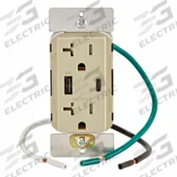 USB Receptacle: Decorator Duplex, 5-20R, USB Type A/C, Ivory, 125V AC, 20 A (MPN T5834-I). Key specifications — Brand: LEVITON.