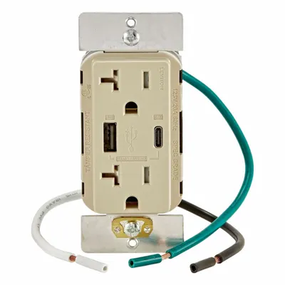 LEVITON Receptacle: Decorator Duplex, 5-20R, USB Type A/C, Ivory, 125V AC - Weather-Resistant Receptacles with USB Chargers