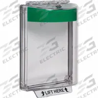 SAFETY TECHNOLOGY INTERNATIONAL Universal Stopper Cover: Polycarbonate, 2 11/16 in Overall Dp (MPN STI-13010NG). Key specifications — Manufacturer Part Number: STI-13010NG; Brand: SAFETY TECHNOLOGY INTERNATIONAL; Color: Green; For Location: Outdoor; For Use With: Dual Action Pull Stations; IP Rating: IP56; Includes: Mounting Hardware; Legend: LIFT HERE.