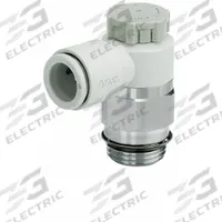 SMC Speed Control Valve: Elbow Fitting, Screw, 1/4 in/1/8 in Valve Body Size, 1/8 in Tube, Meter Out (MPN AS2201FG-N01-01SA). Key specifications — attr947203: Stainless Steel; attr947205: SMC.