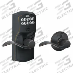 SCHLAGE RESIDENTIAL Electronic Keyless Lock: Keypad, Bronze (MPN FE575 CAM716ACC). Key specifications — Product Type: Electronic Keyless Lock; Manufacturer Part Number: FE575 CAM716ACC; Access Method: Keypad; Key Override Options: 5 Pin Tumbler C Keyway.