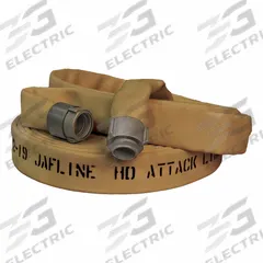 JAFLINE HD Fire Hose: Double Jacket, 1 1/2 in Hose Inside Dia, 100 ft Hose Lg, Polyester, Tan (MPN HD150T100-NP150). Key specifications — attr660609: NPSH; attr660602: Rocker; attr660607: Aluminum.