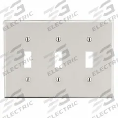 HUBBELL Wall Plate: Toggle, 3 Gang, Almond, Std Size (MPN P3LA). Key specifications — Brand: HUBBELL; Material: Polycarbonate.