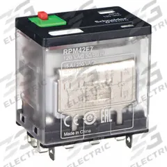 SCHNEIDER General Purpose Relay: Socket Mounted, 15 A Current Rating, 120V AC, 4PDT, F Socket (MPN RPM42F7). Key specifications — Brand: SCHNEIDER; Base Type: Square; Mounting Style: Plug-In; Pin Shape: Flat; Electrical Connection: Quick-Connect; Manufacturer Part Number: RPM42F7; Series: Harmony™ RPM Series.