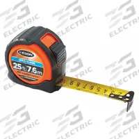 KESON Tape Measure: Nonmagnetic Single Hook Tip, 25 ft / 7.5 m, Plastic with Rubberized Grip, Black (MPN PG18M25WIDEV). Key specifications — attr935324: KESON; attr942259: Black; attr935326: Finger Brake; attr935328: 1/16 in; attr935329: Feet; attr935337: Metric/SAE; attr936607: Manual Lock; attr985315: Greater than 5 m.