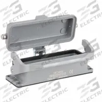 HARTING Rectangular Connector Housing: Size 24 B, Bulkhead Mount, Gray, Aluminum Die-Cast, IP65 (MPN 09300240318). Key specifications — IP Rating: IP65; Size Designation: 24 B; Seal Material: NBR; Locking Type: Single Lever; Brand: HARTING; Primary Material: Aluminum; Operating Temperature Range: -40 to 125 Degrees C.