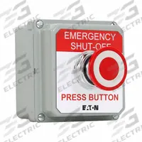 EATON Control Station: (2) Push Buttons/Emergency Stop, 0 Pilot Lights, 1NO/1NC, Emergency Stop (MPN 10250T5B62-S101). Key specifications — attr1022946: Emergency Stop; attr1022956: Red; attr211290: EATON; attr1089900: (2) Push Buttons.