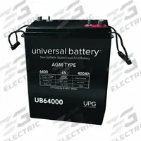 UPG Sealed Lead Acid Batteries: 6V DC, 400 Ah Capacity, 16.7 in Ht, 7 in Wd, 11.6 in Dp, Deep Cycle (MPN 40895). Key specifications — Terminal Connection: Dual Post - Auto Post/8mm Threaded Stud; Battery Cycle Type: Deep Cycle; Brand: UPG; Housing Material: ABS.