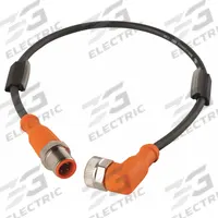 Cordset: M12 Male Right Angle X M12 Female Straight, 5 Pins, Black, PUR, 1 ft Cable Lg (MPN EVC015). Key specifications — Cable Jacket Color: Black; End 1 Gender: Male; End 1 Mounting Orientation: Right Angle; End 2 Gender: Female; End 2 Mounting Orientation: Straight; End 2 Connection Type: M12; IP Rating: IP68; Brand: IFM.