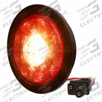 ECCO Combination Stop Light: LED, Stop, Turn, and Tail Combo Light, Amber/Green, Round, Grommet (MPN ED3040AG). Key specifications — Standards: DOT Compliant; Electrical Connection: PL-3 Connector; Brand: ECCO; Installation Type: Removable; Lens Color: Green; Mount Type: Grommet; Lighting Technology: LED; Light Type: Stop, Turn, and Tail Combination Light.