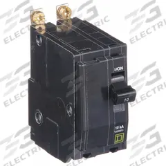SQUARE D Miniature Circuit Breaker: 10 A, 120/240V AC, Single Phase, 10kA at 120/240V AC, 2 Poles (MPN QOB210). Key specifications — Phase: Single; Amps: 10 A; AC Voltage Rating: 120/240V AC; Max. AIR Rating: 10kA at 120/240V AC; For Use With: Square D NQOD Panelboards; Brand: SQUARE D.