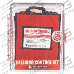 NORTH AMERICAN RESCUE Bleeding Control Kit: Plastic Cabinet, 8 People Served, 96 Components (MPN 80-0474). Key specifications — Brand: NORTH AMERICAN RESCUE; Wound Dressings Included: (8) Tourniquets; Housing Material: Polycarbonate.