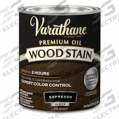VARATHANE Wood Stain: Wood Stain, Interior, Oil, 1 qt Container Size, Wood, Satin, Espresso, Premium (MPN 241412H). Key specifications — Brand: VARATHANE; Transparency: Semi-Transparent; Use Location: Interior; Sheen: Satin; Sub-Brand: Varathane; Color: Espresso.