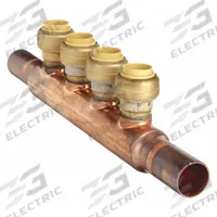 SHARKBITE Push Fit Manifold: Inline, Copper, 3/4 in, 1/2 in, 2 Inlets, 4 Outlets, 2.52 in Overall Ht (MPN 22997LF). Key specifications — Material: Copper; Brand: SHARKBITE.