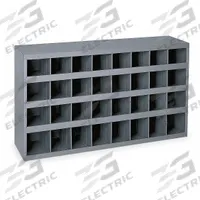 DURHAM MFG Pigeonhole Bin Unit: 34 in x 12 in x 18 in, 32 Compartments, 4 in x 12 in x 4 1/2 in (MPN 357-95). Key specifications — attr7229: Steel; attr38869: DURHAM MFG; attr38873: Gray.