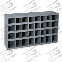 DURHAM MFG Pigeonhole Bin Unit: 34 in x 12 in x 18 in, 32 Compartments, 4 in x 12 in x 4 1/2 in (MPN 357-95). Key specifications — attr7229: Steel; attr38869: DURHAM MFG; attr38873: Gray.