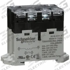 SCHNEIDER Enclosed Power Relay: DIN-Rail & Surface Mounted, 30 A Current Rating, 240V AC, SPST-NO (MPN 725AXXSC3ML-240A). Key specifications — attr211321: SCHNEIDER; attr864602: DIN Rail & Top Flange; attr864634: Screw Terminal; attr864642: 725AXXSC3ML-240A; attr869492: 30 A at 240V AC (Resistive Load); attr934629: Harmony™ 725 Power Series.