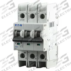 EATON IEC Miniature Circuit Breaker: 40 A Amps, 48/96V DC, 10kA at 277/480V AC, Screw Clamp, D (MPN FAZ-D40/3-NA). Key specifications — DC Voltage Rating: 48/96V DC; Max. AIR Rating: 10kA at 277/480V AC; Terminal Connection: Screw Clamp; Brand: EATON.