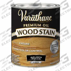 VARATHANE Wood Stain: Wood Stain, Interior, Oil, 1 qt Container Size, Wood, Satin, Golden Pecan (MPN 211710H). Key specifications — Brand: VARATHANE; Transparency: Semi-Transparent; Use Location: Interior; Sheen: Satin; Sub-Brand: Varathane; Color: Golden Pecan.