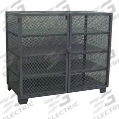 JAMCO Storage Cabinet: 72 in x 36 in x 54 in, 4 Fixed Shelves, Swing Handle & Padlock Hasp, Legs (MPN MD472BL). Key specifications — Brand: JAMCO; Body Panel Type: Ventilated; Base Type: Legs; Cabinet Color: Black; Frame Assembled: Assembled.