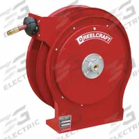 Spring Return Hose Reel: 50 ft (3/8 in ID), 1/4 in MNPT inlet x 1/4 in MNPT outlet, Steel, Red (MPN 5650 OLP1). Key specifications — Reel Color: Red; Hose Capacity: 50 ft (3/8 in ID); Overall Dimensions: 17-1/2 in L x 5-3/4 in W x 16-3/4 in H; Swivel Material: Steel; Hose End Configuration: 1/4 in MNPT inlet x 1/4 in MNPT outlet; Brand: REELCRAFT.