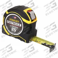 STANLEY Tape Measure: Nonmagnetic Double Hook Tip, 25 ft, Plastic with Rubberized Grip, Black/Yellow (MPN FMHT33338L). Key specifications — attr935324: STANLEY; attr942259: Yellow; attr935328: 1/16 in; attr935329: Feet; attr935337: SAE; attr936607: Auto Lock; attr972446: Inch; attr979969: Nonmagnetic Double Hook.