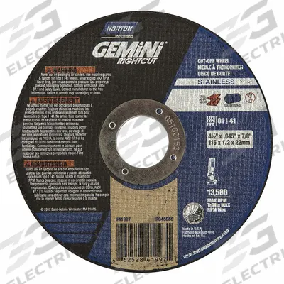 NORTON Abrasive Cut-Off Wheel: Type 1, 4 1/2" x 0.045" x 7/8", Aluminum Oxide - Contaminant-Free Cut-Off Wheels for Stainless Steel