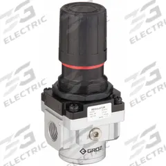 GROZ Compressed Air Regulator: Aluminum, 1/2 in NPT, 140 cfm, 7 psi to 145 psi, Knob (MPN R15934). Key specifications — attr111664: No; attr111400: Standard Duty; attr111627: GROZ.