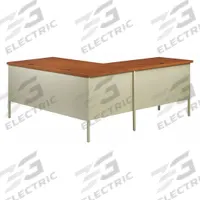 HIRSH L-Shaped Office Desk: Particle Board, Oak/Putty, 2 Pedestals, 5 Drawers, 66 in Overall Wd (MPN 20452). Key specifications — Desktop Material: Particle Board; Includes Modesty Panel: Yes; Kit Product Type: L-Shaped Office Desk; Desktop Color: Oak; Brand: HIRSH; Frame Color: Putty; Frame Material: Steel; Product Type: L-Shaped Office Desk.