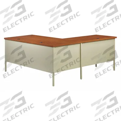 HIRSH L-Shaped Office Desk: Particle Board, Oak/Putty, 2 Pedestals, 5 Drawers - L-Shaped Desks