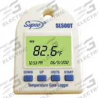 SUPCO Data Logger: -5°F to 160°F, -20°C to 70°C, SL500T, Temp, 160°F Max Dew Point Measured, USB. Key specifications — Interface: USB; Parameters Measured: Temperature °C; Brand: SUPCO; Features: Non-Volatile EEPROM Memory Retains Data if Battery Fails; Includes: USB Cable (3ft); Software Options: Software Included; Data Logger Type: Temperature.