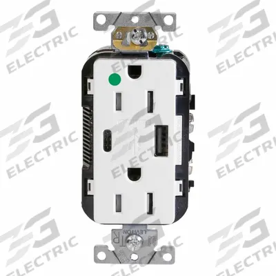 LEVITON Receptacle: Duplex, 5-15R, USB Type A/C, White, 125V AC - Hospital-Grade Receptacles with USB Chargers