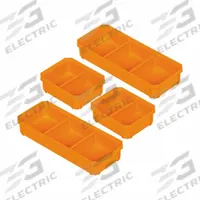 KLEIN TOOLS MODbox™ Replacement Bins, Short, Pk4: 3 7/8 in W x 1 13/16 in H x 9 1/2 in L, 4 Dividers (MPN 54810MB). Key specifications — attr1135742: Orange; attr1124857: KLEIN TOOLS; attr1135744: 819PF0; attr1135747: Plastic; attr1135819: Tool Boxes.