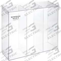Protection Dispenser: Wall, 18 3/4 in x 5 3/4 in x 17 5/32 in, PETG, Clear (MPN BK213-0111). Key specifications — Dispensing Method: Hinged Top; Mounting Location: Wall; Material: PETG; Products Dispensed: Bouffants (Bulk); Dispenser Features: Dust Reducing Flanged; Dispenser Layout: 3 Compartments; Dispenser Style: Tray; Brand: BOWMAN DISPENSERS.