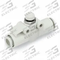 SMC Speed Control Valve: In-Line Fitting, Hex Screw, 1/4 in Valve Body Size, 8 mm Tube, Meter In (MPN AS2052F-08). Key specifications — attr947203: Brass/PBT; attr947205: SMC.