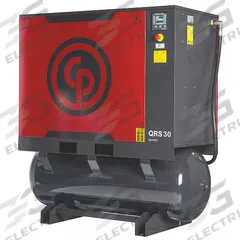 CHICAGO PNEUMATIC Rotary Screw Air Compressor w/Air Dryer: Horizontal, 30 hp, 97.5 cfm, 132 gal Tank (MPN QRS 30 HPD). Key specifications — attr48606: Three; attr48593: 208 to 230V AC; attr48578: CHICAGO PNEUMATIC; attr110305: Included.