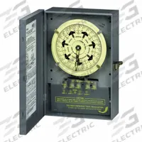 INTERMATIC Electromechanical Timer: 7 day, 120V AC, DPDT, Mechanical (MPN T7801B). Key specifications — Body Material: Metal; Indoor/Outdoor Usage: Indoor; Mounting Style: Surface; Brand: INTERMATIC.