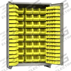 STRONG HOLD Bin Cabinet: 48 in x 24 in 75 in, 0 Shelves, 126 Bins, Yellow, Flush, 14 ga Panel, Bins (MPN 46-BB-240-L). Key specifications — Bin Color: Yellow; Bin HxWxD: (32) 7 in x 8-1/4 in x 14-3/4 in; Assembled: Assembled; Brand: STRONG HOLD; Cabinet Color: Medium Gray; Cabinet Finish: Painted; Cabinet Material: Steel; Cabinet Storage Components: Bins.