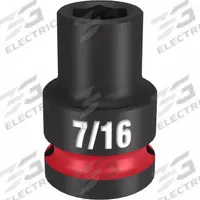 MILWAUKEE Standard Impact Socket: 1/2 in Drive Size, SAE, 7/16 in Socket Size, 6-Point, Std (MPN 49-66-6201). Key specifications — attr1215501: MILWAUKEE; attr1215515: Black Phosphate; attr1215518: 7/16 in.
