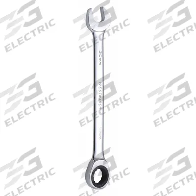 WESTWARD Combination Wrench: Alloy Steel, Chrome, 30 mm Head Size, 15 3/4 in Overall Lg - Metric 12-Point Ratcheting Combination Wrenches