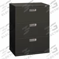 HON Lateral File Cabinet with Drawer: Charcoal, 3 Drawers, 39 1/8 in Overall Ht, 18 in Overall Dp (MPN H673.L.S). Key specifications — attr988670: Unfinished; attr988694: Steel; attr988716: Lateral File Cabinet with Drawer; attr988691: Integrated; attr988652: HON; attr988656: Charcoal; attr988720: Handle.
