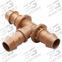 RAIN BIRD Tee: Drip Tee, 1/2 in and 5/8 in Drip Irrigation Tubing, Plastic, Brown, 1/2 in Dia, 4 PK (MPN BT50/4PKS). Key specifications — Brand: RAIN BIRD; Color: Brown; Compatible Product Type: 1/2 in and 5/8 in Drip Irrigation Tubing; Material: Plastic; Product Type: Drip Tee.
