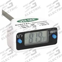 VEE GEE Digital Thermometer: 14°F to 212°F /-10°C to 100°C, ±0.5°C/±1°F, 0.1°F /0.1°C (MPN 83210-12). Key specifications — Brand: VEE GEE; Accuracy: ±1 °F.