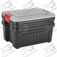 RUBBERMAID Attached Lid Tote: 24 gal, 26 in x 18 1/2 in x 17 in, Black Body, Gray Lid, Plastic (MPN 1949231). Key specifications — Material: Plastic; Brand: RUBBERMAID.