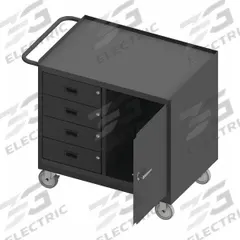 DURHAM MFG Mobile Cabinet Workbench: 36 in x 24 in, Steel, 1,200 lb Overall Load Capacity, Gray (MPN 3121-95). Key specifications — Included Components: Handle on Side; Assembly: Fully Assembled; Brand: DURHAM MFG.