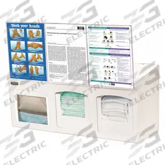BOWMAN DISPENSERS Face Mask Dispenser: Plastic, White, 12 3/4 in H x 26 1/2 in W x 10 5/8 in D (MPN FM004-0213). Key specifications — Material: Plastic; Color: White; Dimensions: 12-3/4 in H x 26-1/2 in W x 10-5/8 in D; Mounting Location: Countertop; Includes: (3) Sign Holders; Capacity: 6 Boxes of Face Masks with Dividers; Brand: BOWMAN DISPENSERS.