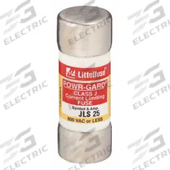 LITTELFUSE Fuse: JLS Series, Class J, Cylindrical Body, Fast-Acting, 25 A, 600 V AC, Non-Indicating (MPN JLS025). Key specifications — attr1287274: JLS; attr211200: LITTELFUSE.