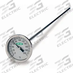 VEE GEE Compost Dial Thermometer: 0°F to 200°F, +/- 2°F, 48 in Stem Lg, Fahrenheit (MPN 82200-48). Key specifications — Accuracy: +/- 2°F; Thread Type: NPT; Housing Material: Stainless Steel; Brand: VEE GEE; Temperature Units: Fahrenheit.