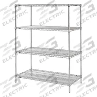 METRO Wire Shelving Unit: Starter, 48 in x 18 in, 74 in Overall Ht, 4 Shelves, Split Sleeve, Dry (MPN 74P-4,1848NC-4). Key specifications — Recommended Environments: Dry; Color: Silver; Finish: Chrome; Material: Steel; Brand: METRO.