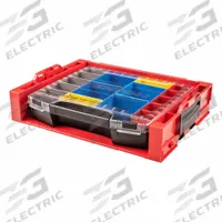 TEKTON Lidded Drawer: 17 1/2 in W 13 1/2 in D 4 in H, Plastic, Blue/Gray/Red/Yellow, Hinged Lid (MPN OLB94022). Key specifications — attr1116905: Blue; attr1116917: Hinged; attr1116946: TEKTON.